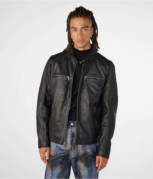 Men's Black Leather Cafe Racer Biker Jacket