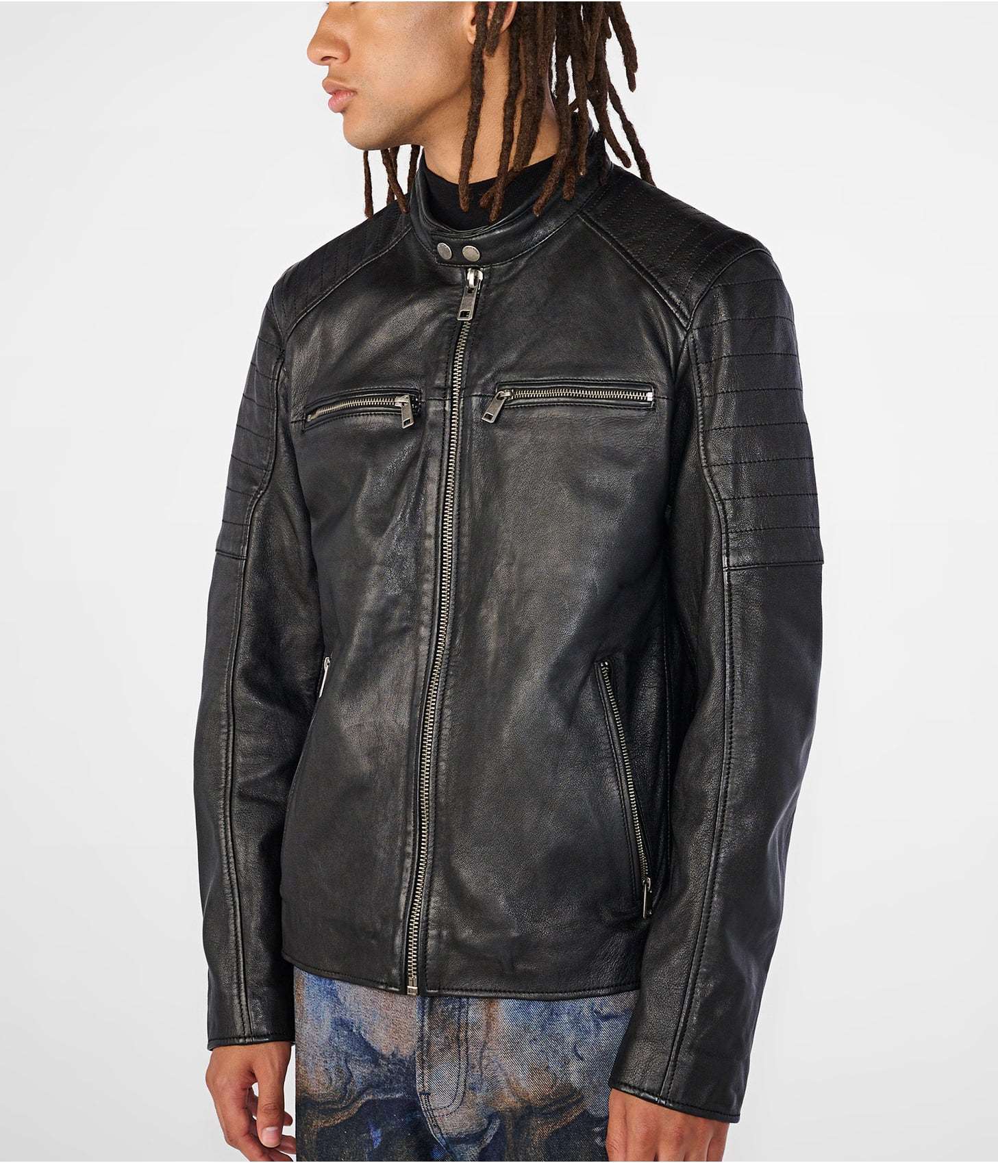 Men's Black Leather Cafe Racer Biker Jacket