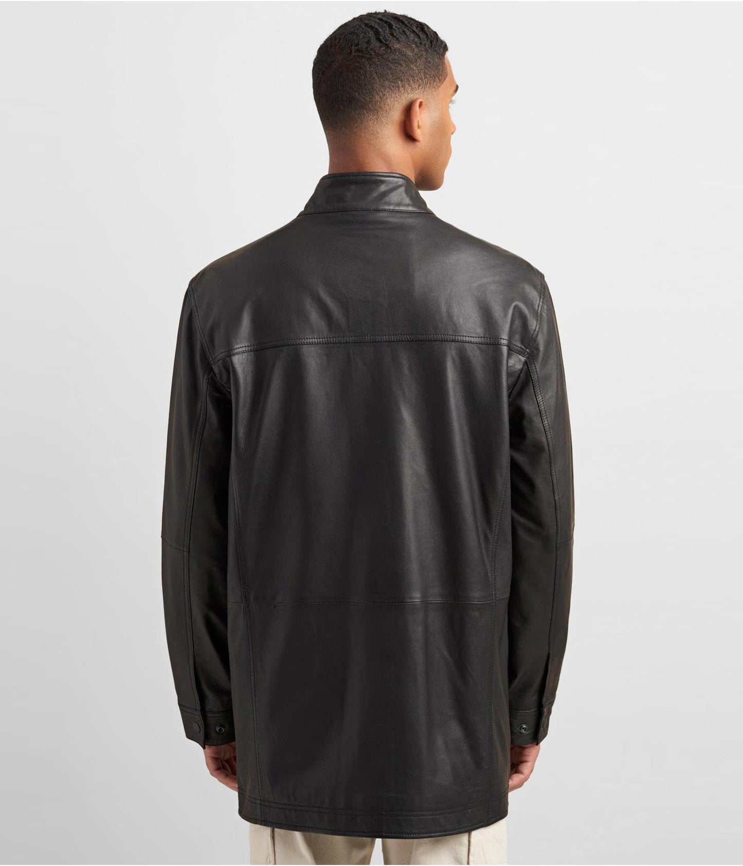 Men's Black Leather Coat with Patch Pockets