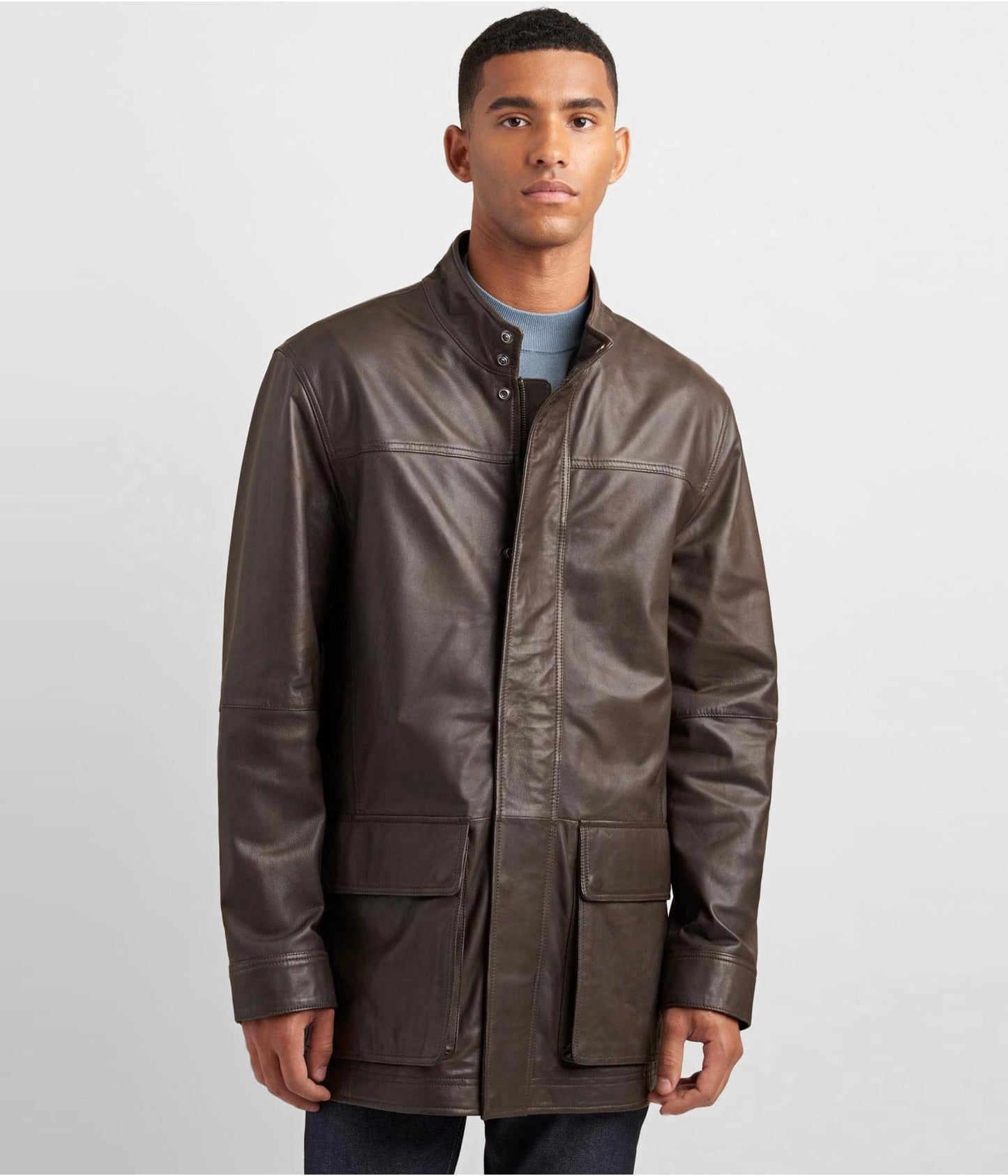 Men's Dark Brown Leather Coat with Patch Pockets