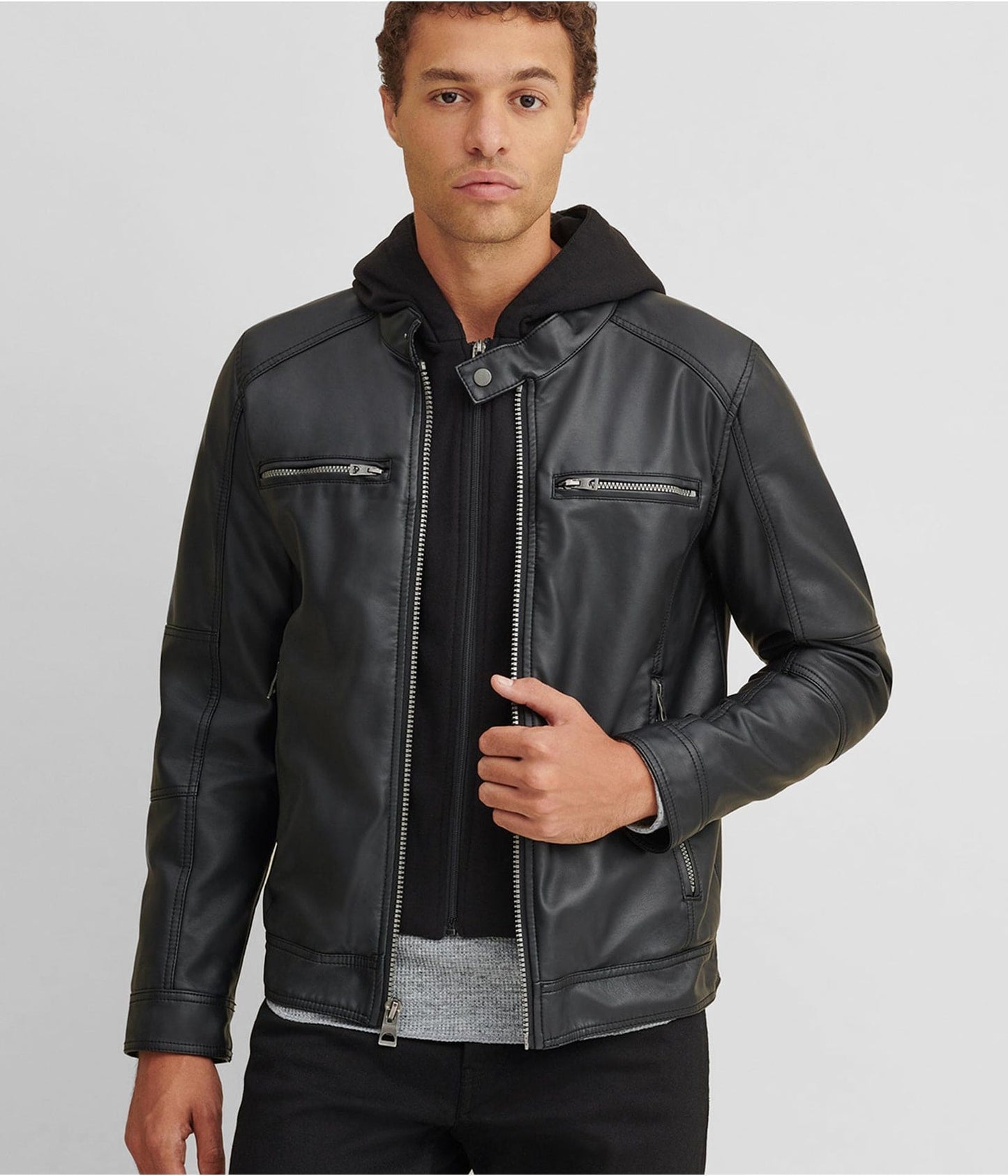 Men's Black Leather Jacket with Removable Hood by Avanzar