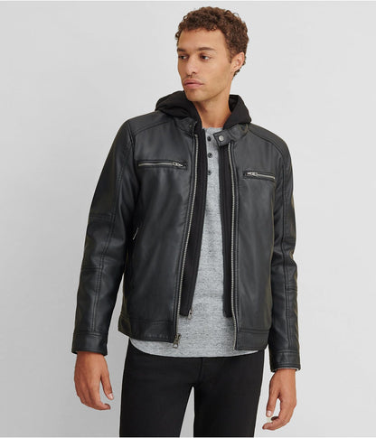 Men's Black Leather Jacket with Removable Hood by Avanzar