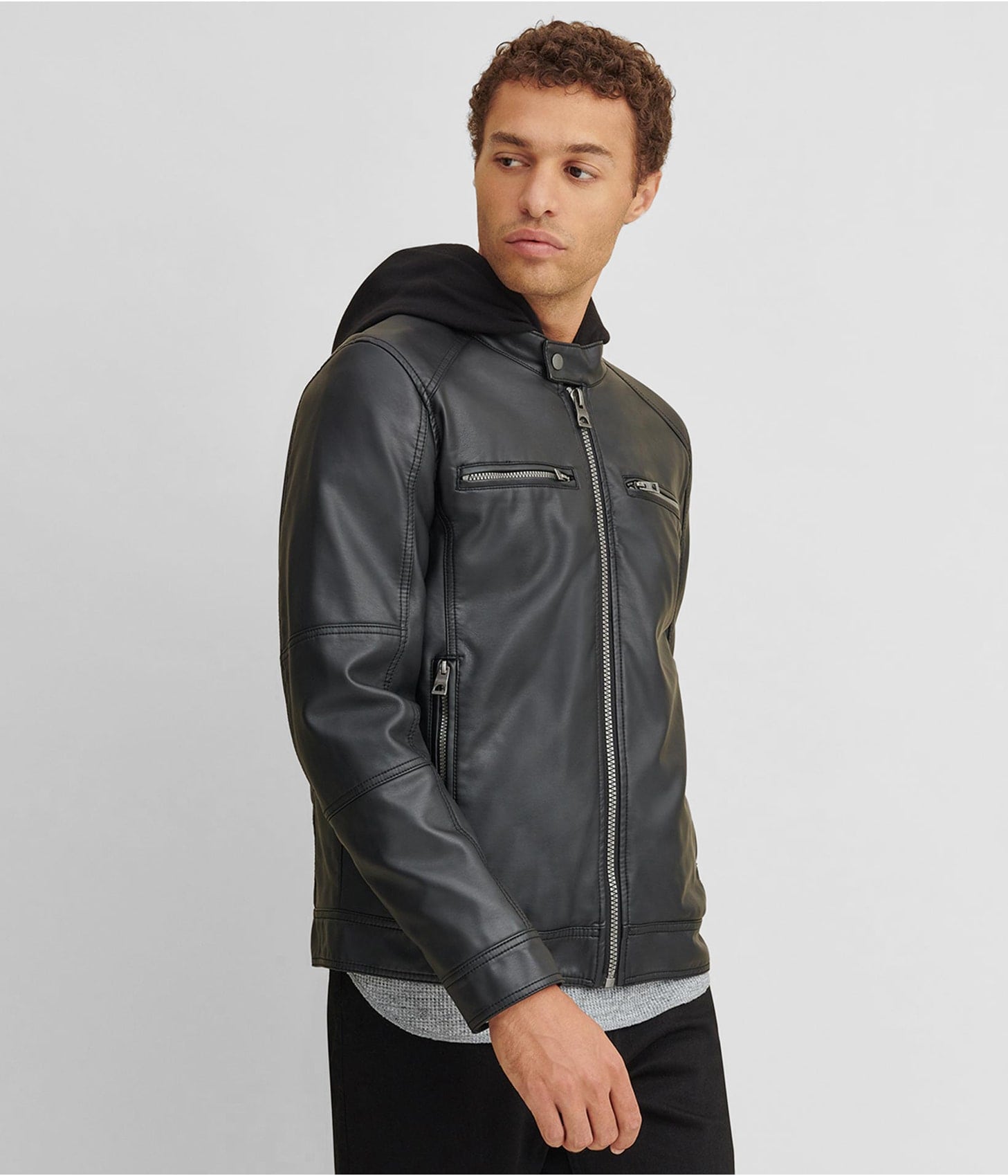 Men's Black Leather Jacket with Removable Hood by Avanzar