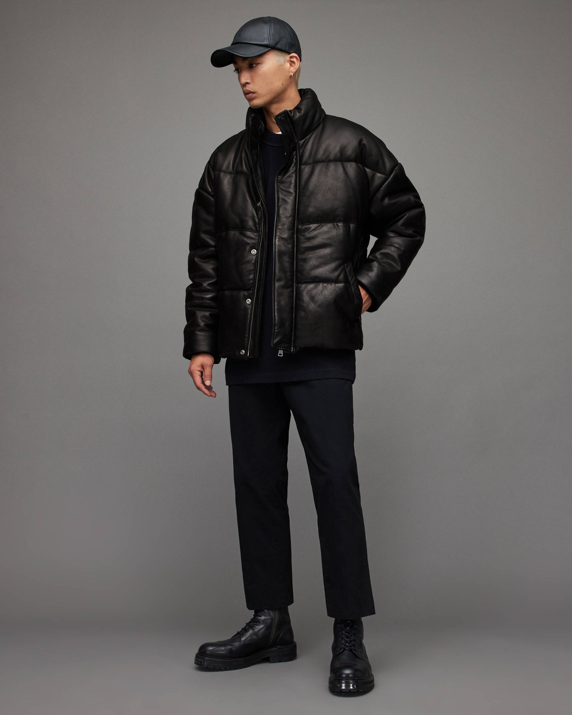 Men's Black Leather Puffer Jacket with Turtle Neck - Winter Essential