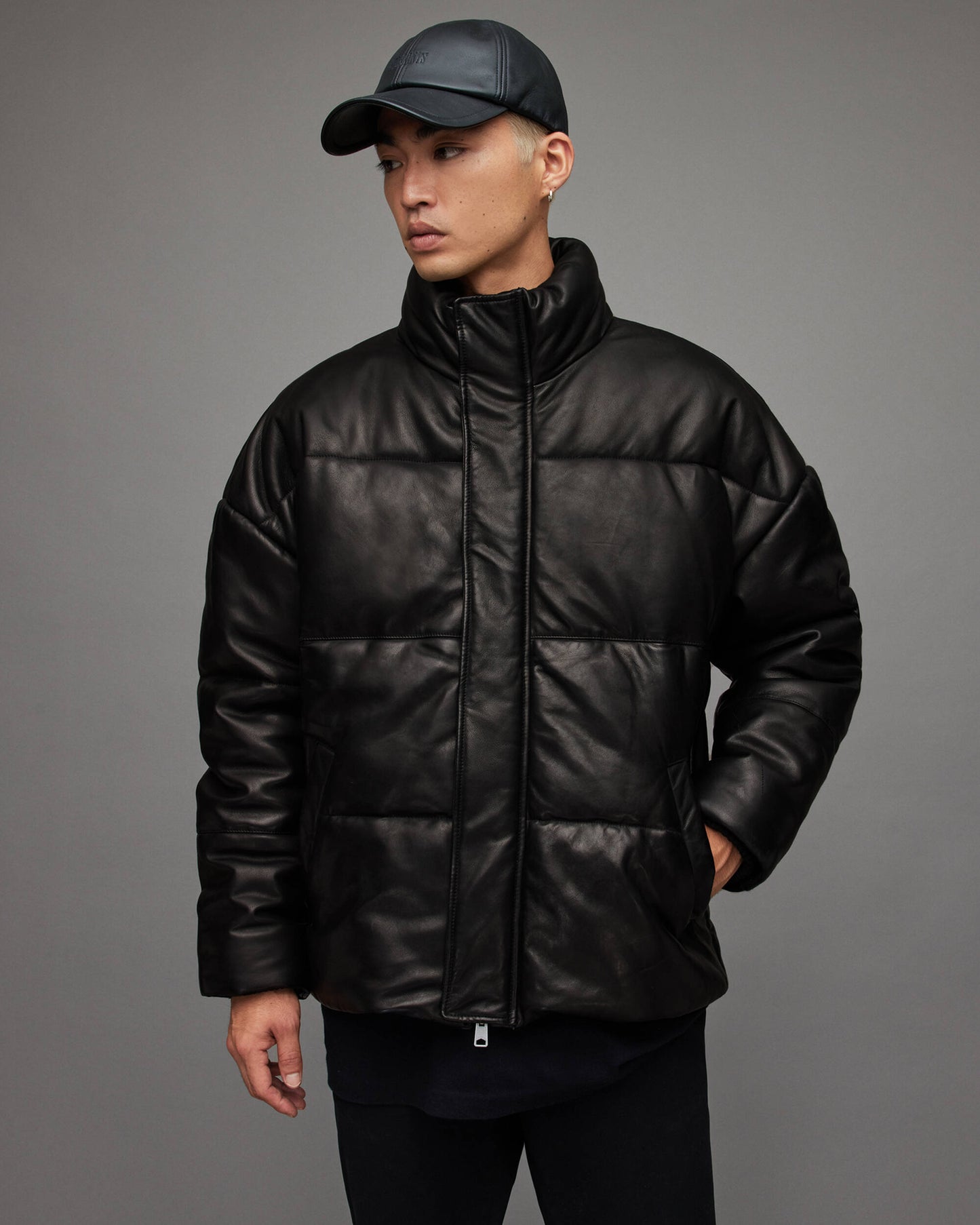 Men's Black Leather Puffer Jacket with Turtle Neck - Winter Essential