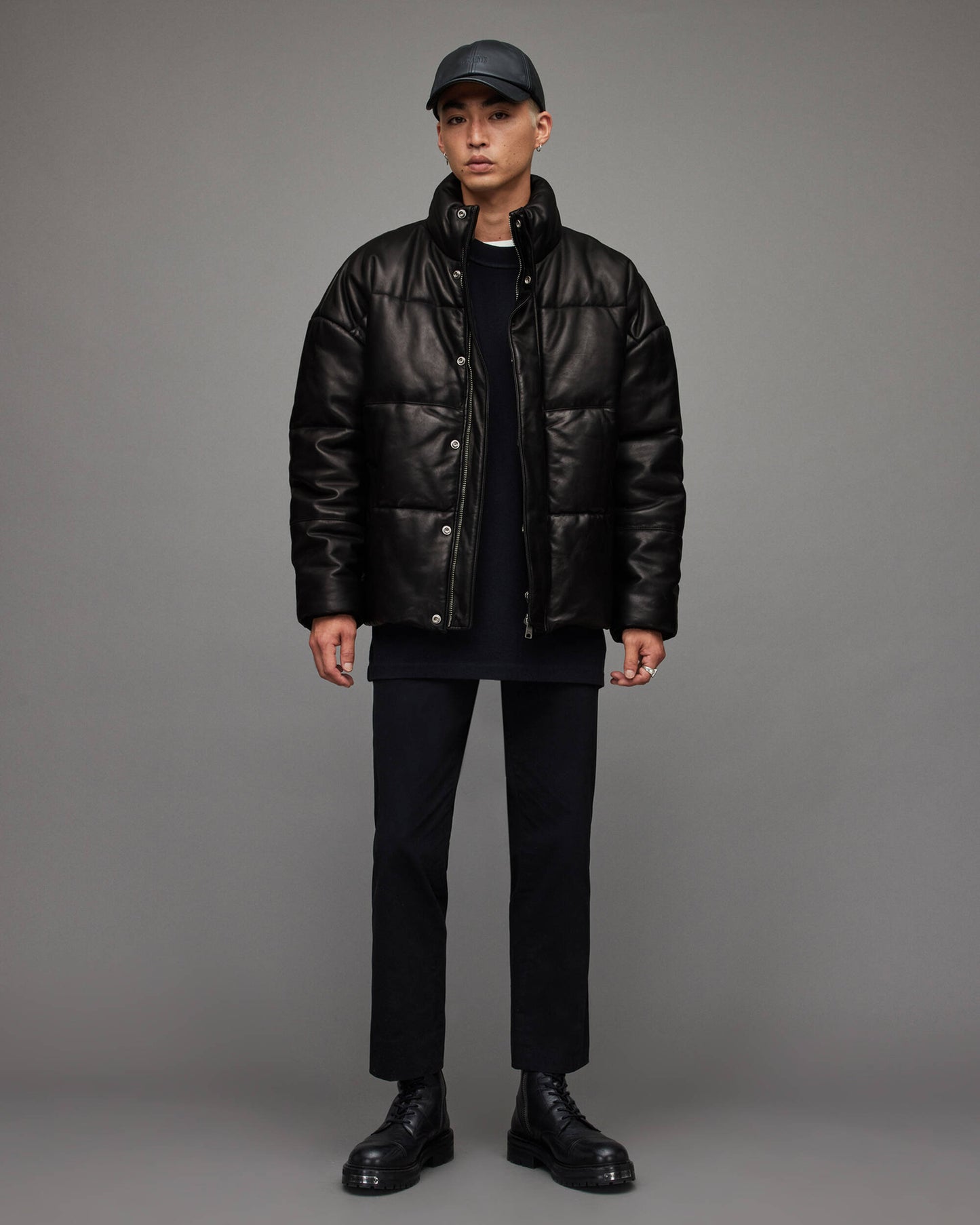 Men's Black Leather Puffer Jacket with Turtle Neck - Winter Essential