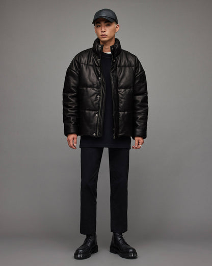 Men's Black Leather Puffer Jacket with Turtle Neck - Winter Essential