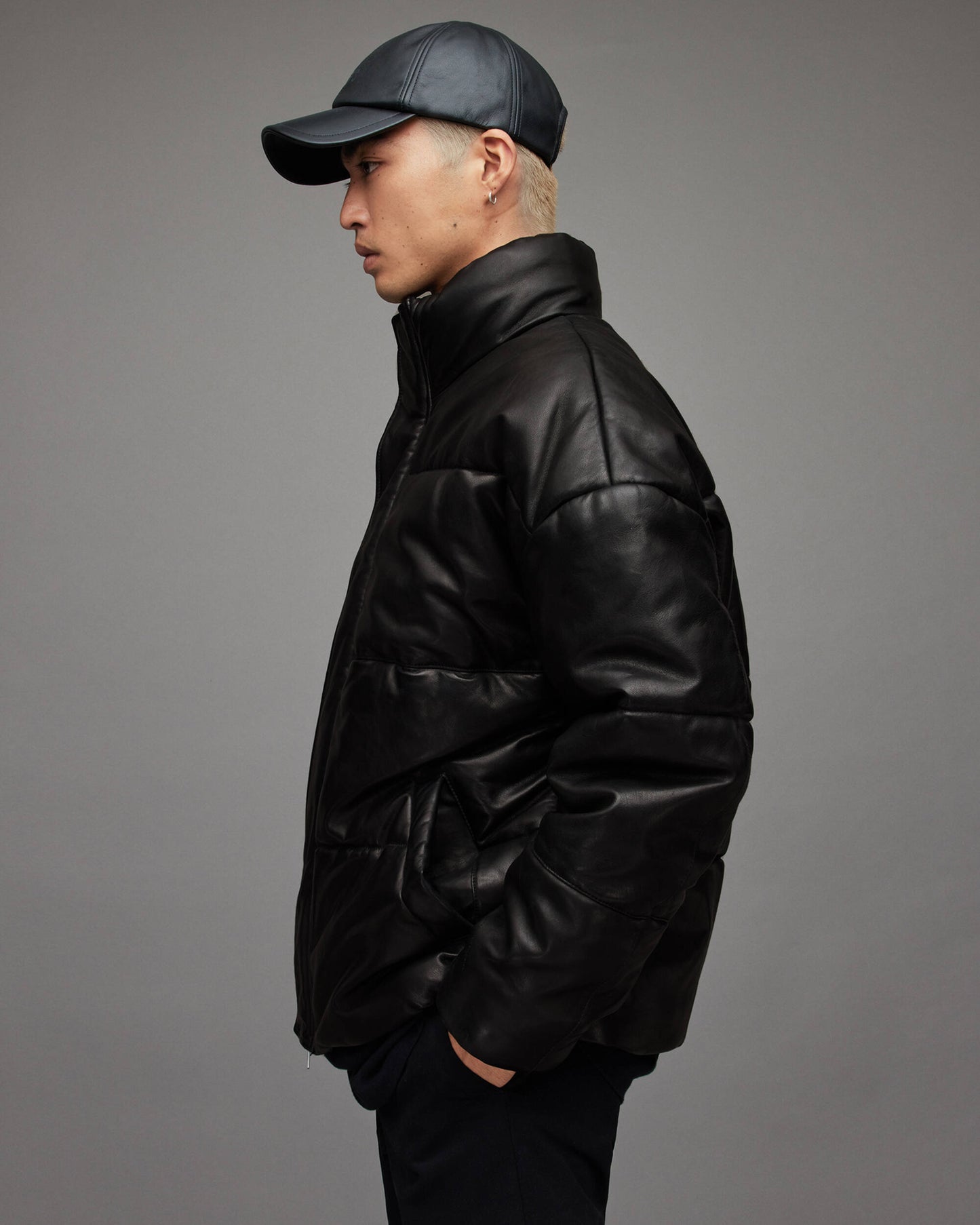 Men's Black Leather Puffer Jacket with Turtle Neck - Winter Essential