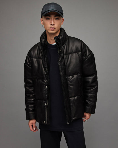 Men's Black Leather Puffer Jacket with Turtle Neck - Winter Essential