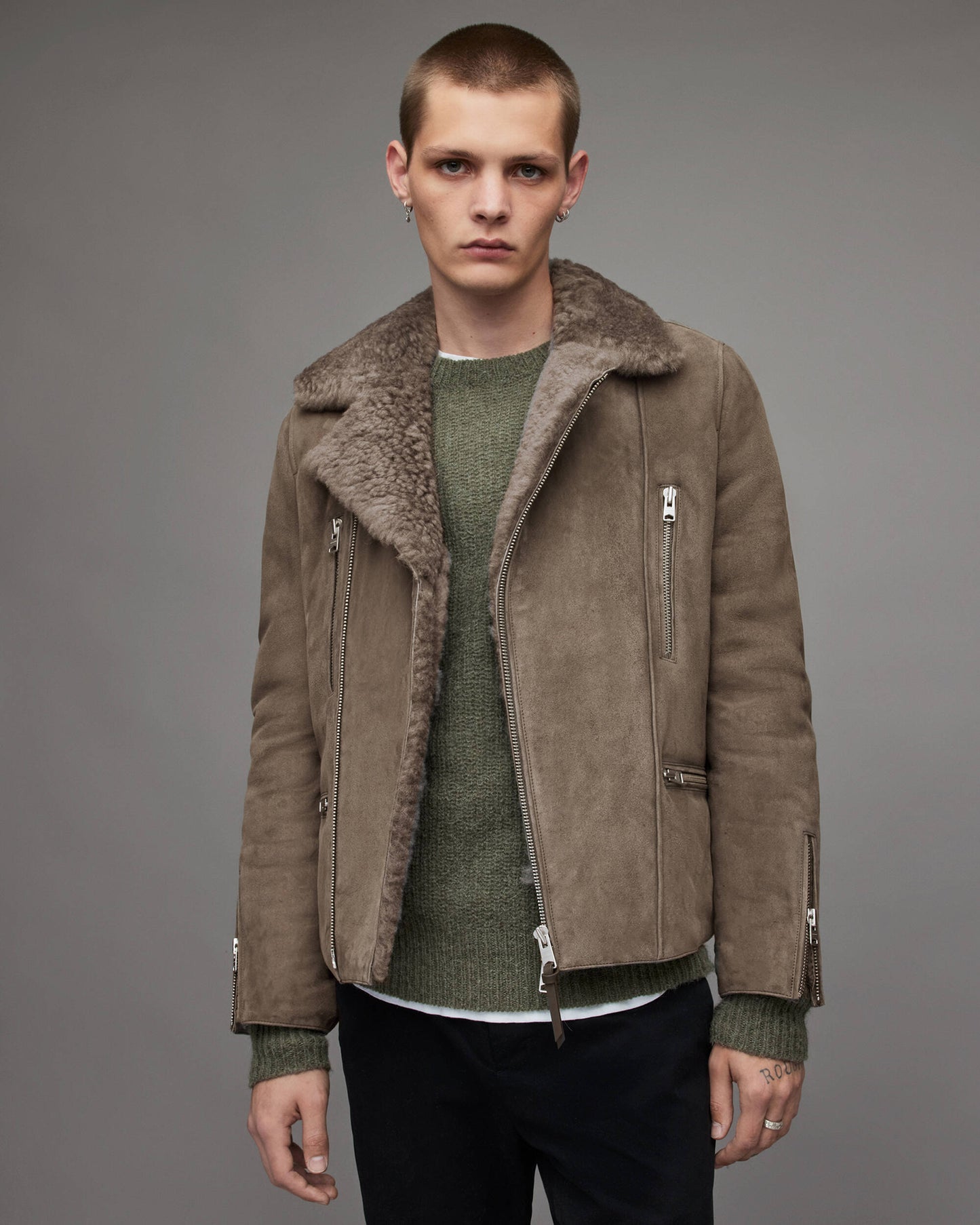 Men's Beige Gray Leather Shearling Biker Jacket