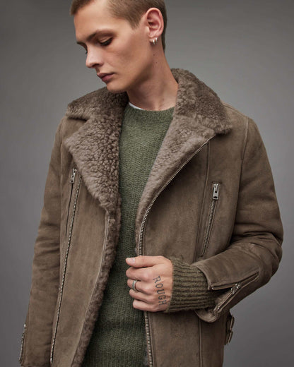 Men's Beige Gray Leather Shearling Biker Jacket