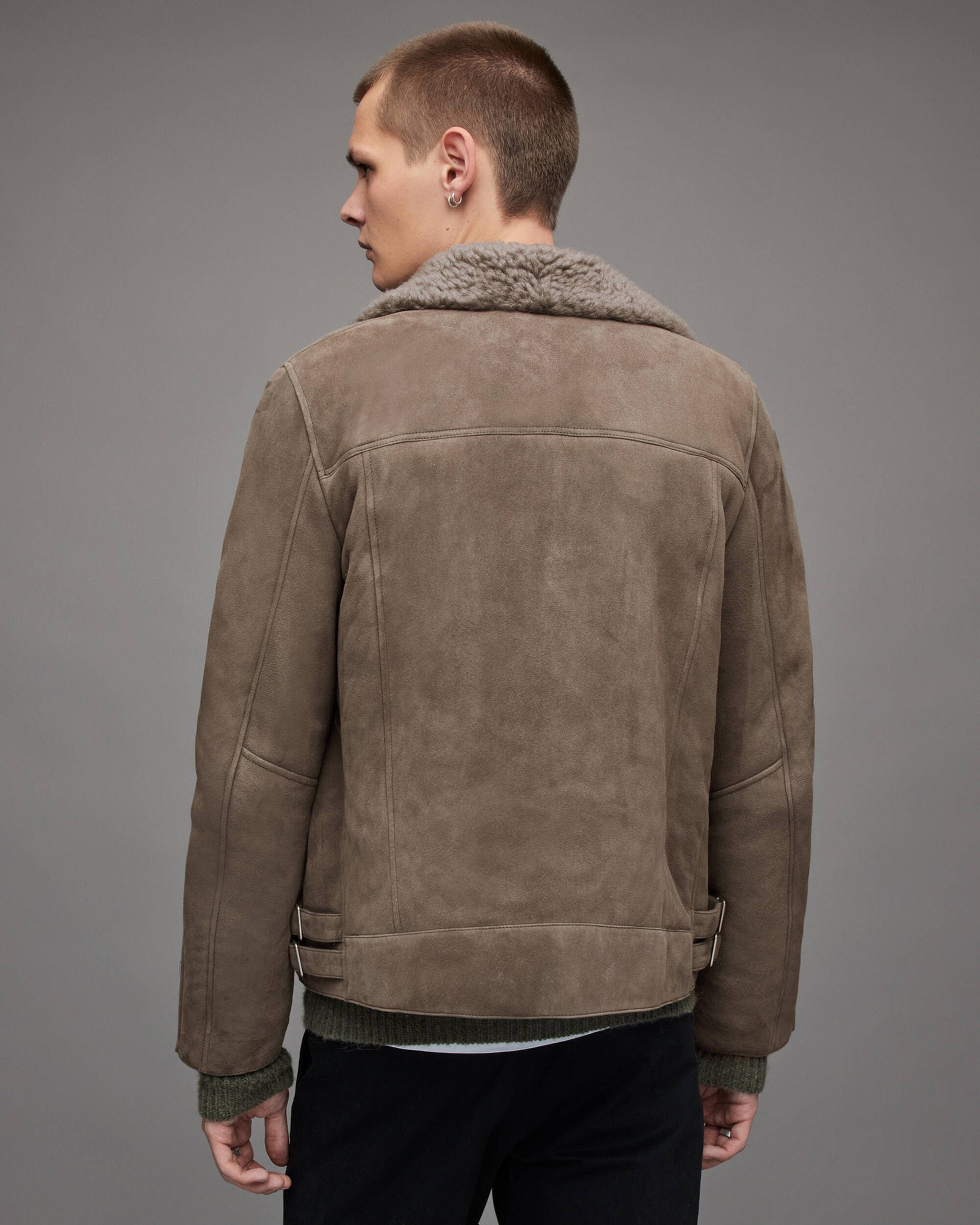 Men's Beige Gray Leather Shearling Biker Jacket