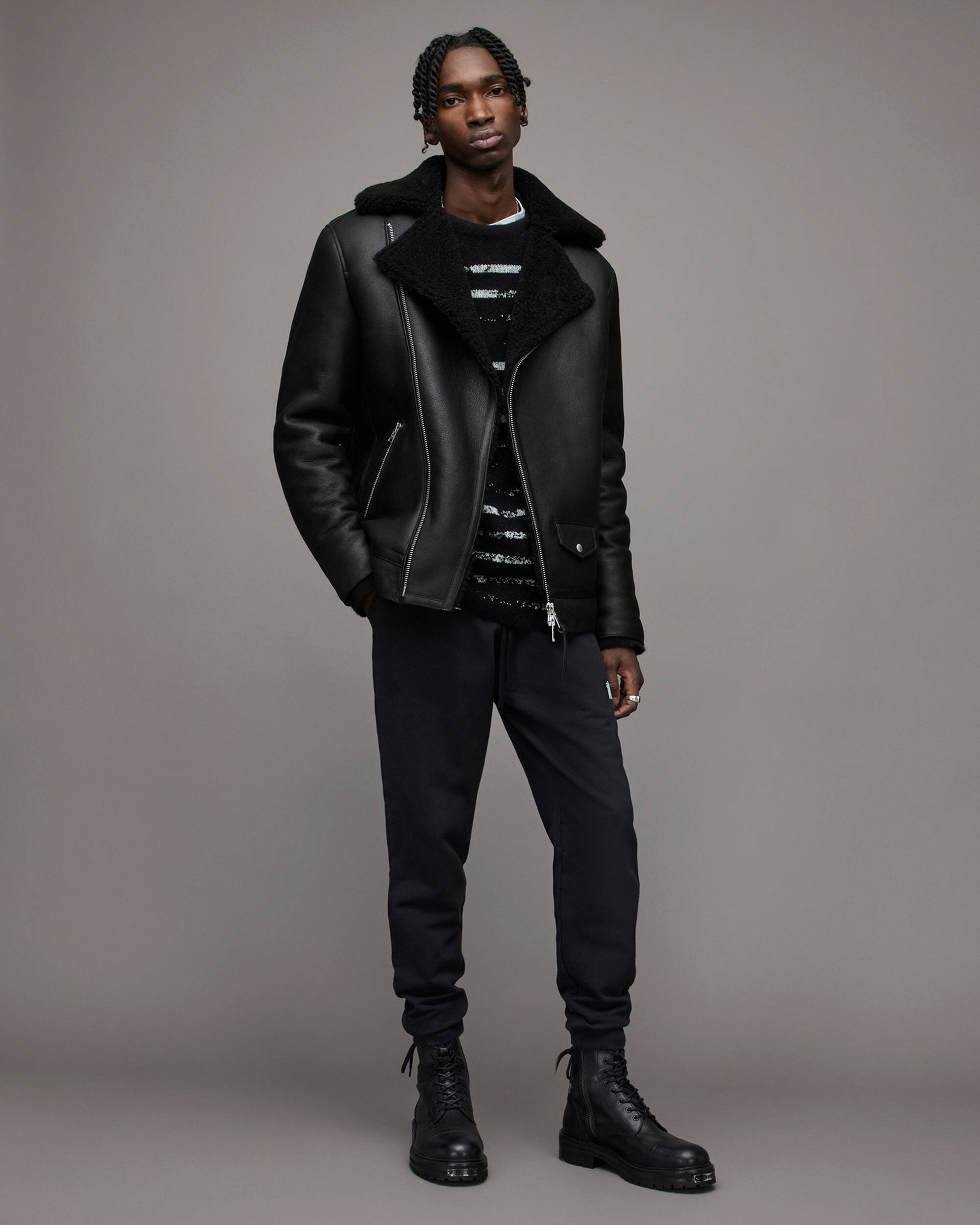 Men's Premium Black Leather Shearling Biker Jacket by Avanzar Leather