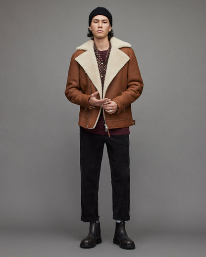 Men's Tan Brown Leather Shearling Biker Jacket