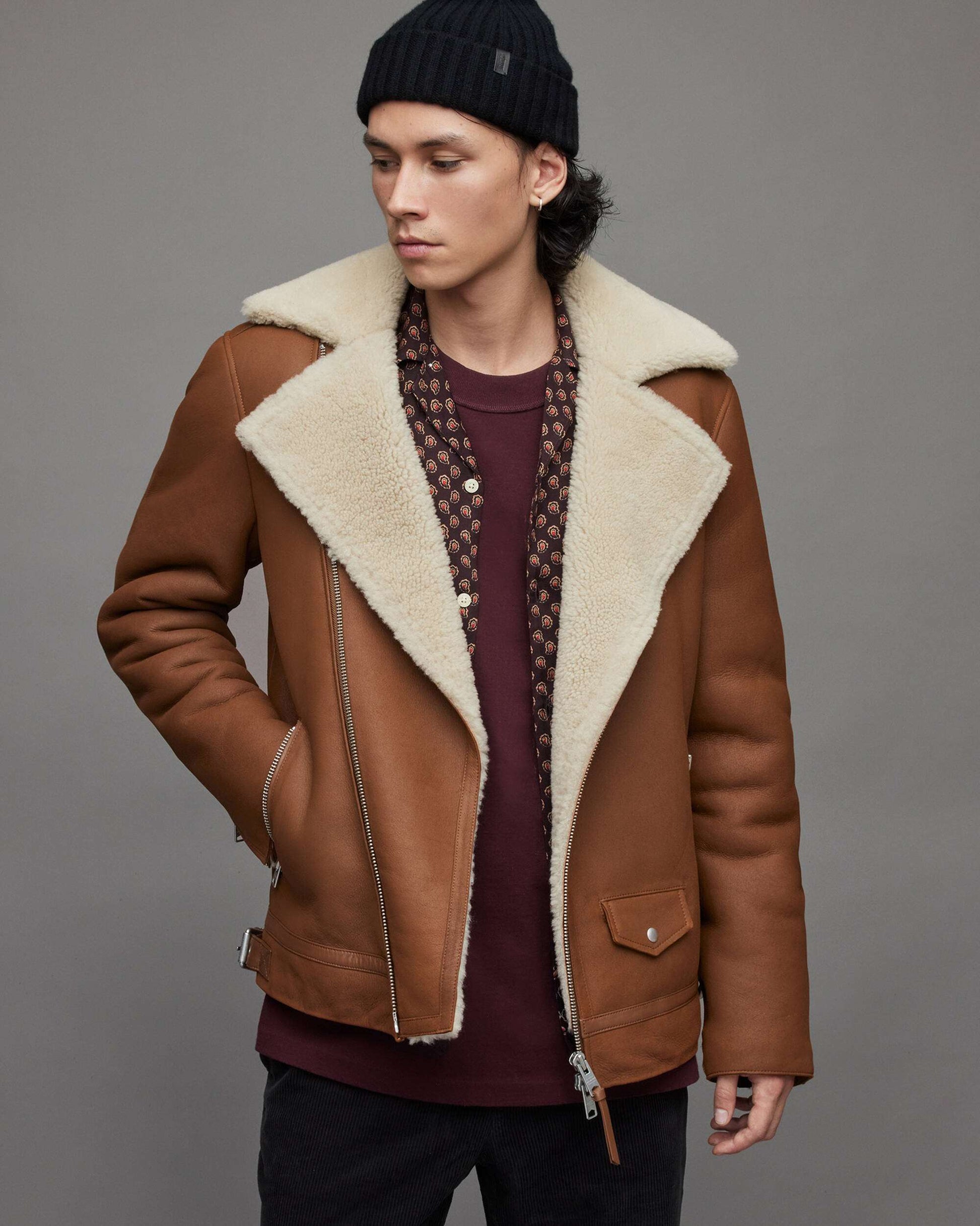 Men's Tan Brown Leather Shearling Biker Jacket