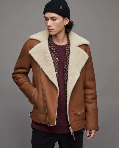 Men's Tan Brown Leather Shearling Biker Jacket