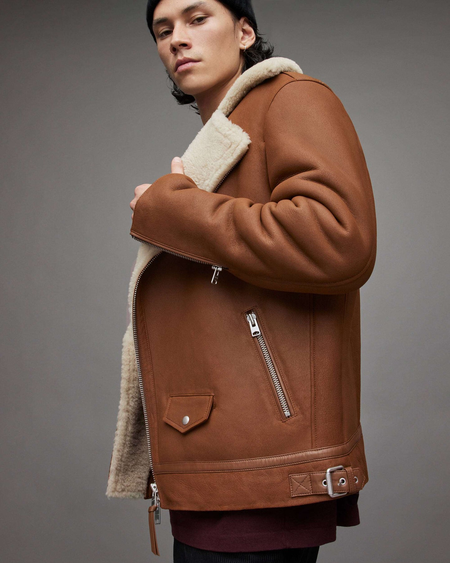 Men's Tan Brown Leather Shearling Biker Jacket