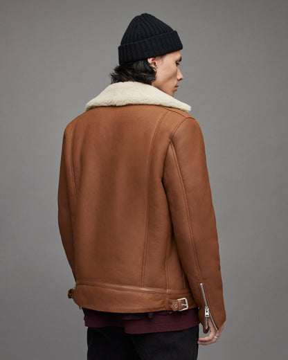 Men's Tan Brown Leather Shearling Biker Jacket