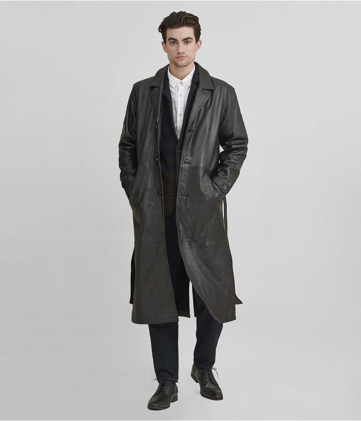 Men's Black Belted Leather Trench Coat