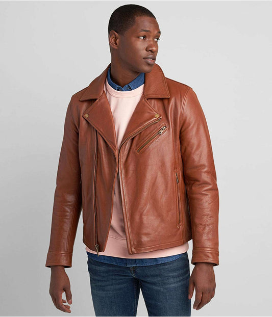 Men's Classic Leather Biker Jacket in Tan Brown