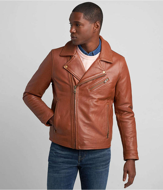 Men's Classic Leather Biker Jacket in Tan Brown
