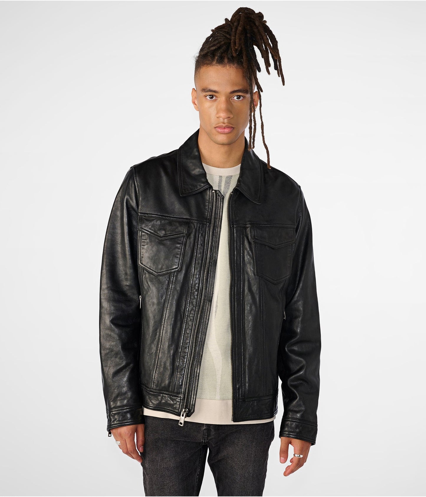 Men's Trendy Black Leather Harrington Jacket