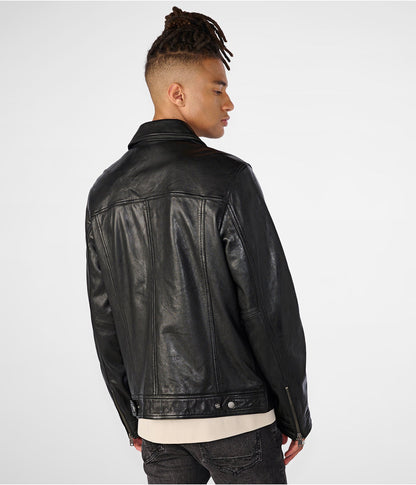 Men's Trendy Black Leather Harrington Jacket