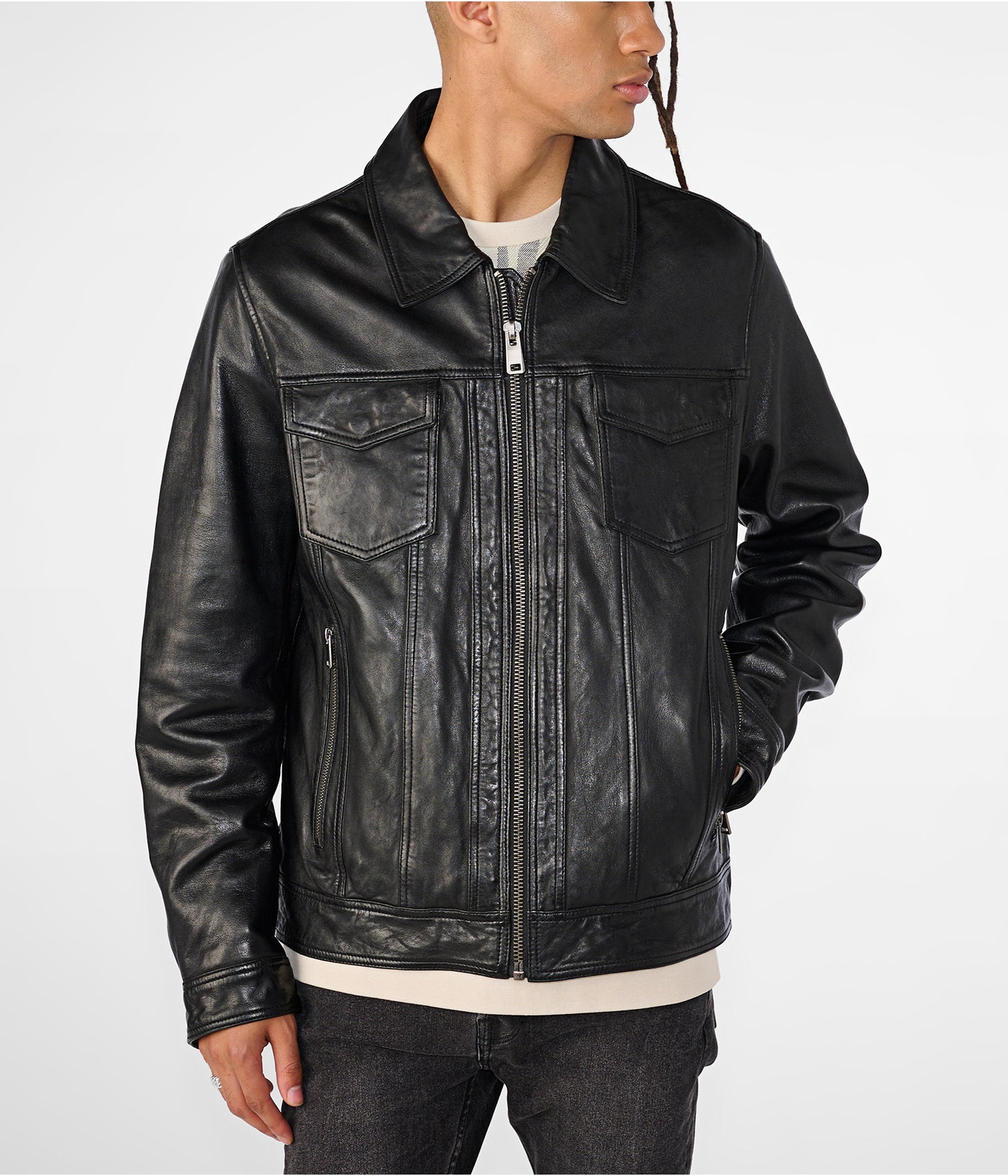 Men's Trendy Black Leather Harrington Jacket