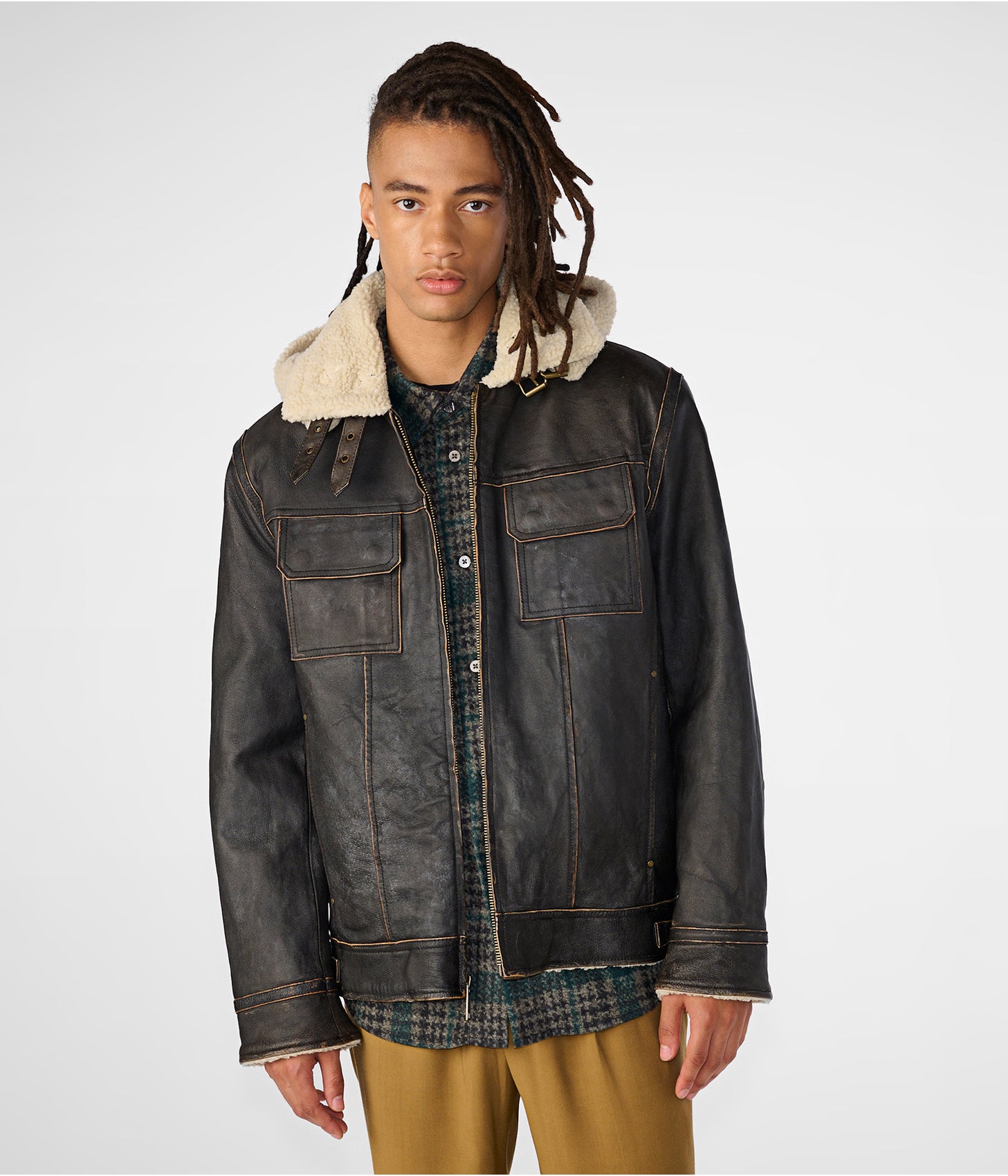 Men's Black Vintage Shearling Leather Jacket - Removable Hood