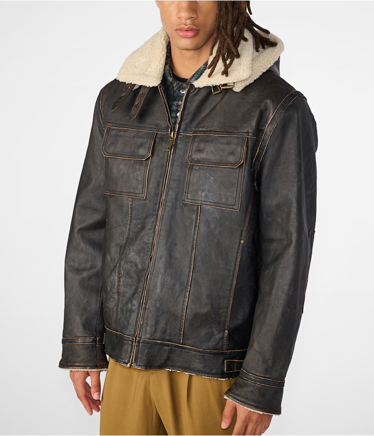 Men's Black Vintage Shearling Leather Jacket - Removable Hood