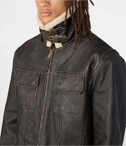 Men's Black Vintage Shearling Leather Jacket - Removable Hood