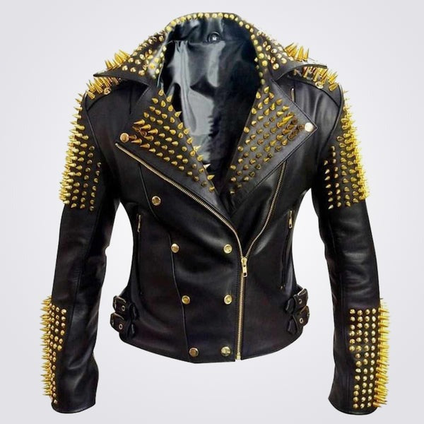 Men’s Golden Spike Leather Biker Jacket – Heavy Metal Edition