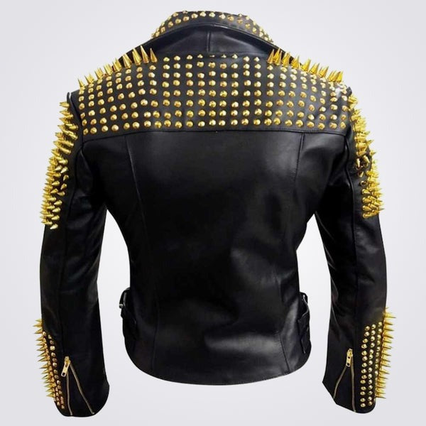Men’s Golden Spike Leather Biker Jacket – Heavy Metal Edition