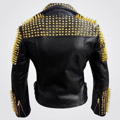 Men’s Golden Spike Leather Biker Jacket – Heavy Metal Edition