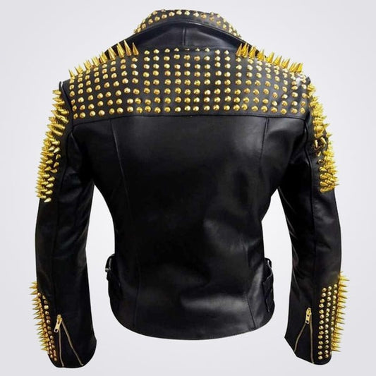 Men’s Golden Spike Leather Biker Jacket – Heavy Metal Edition