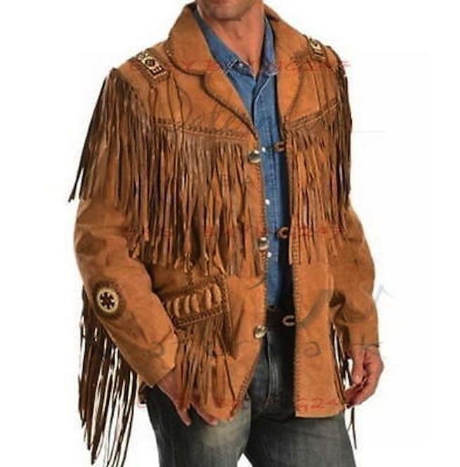 Men’s Beige Cowboy Leather Jacket - Western Coat with Fringes