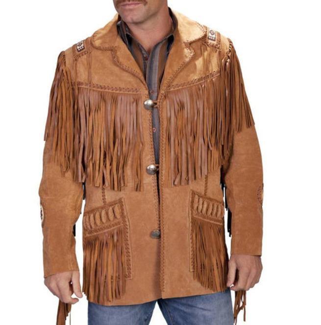 Men’s Beige Cowboy Leather Jacket - Western Coat with Fringes