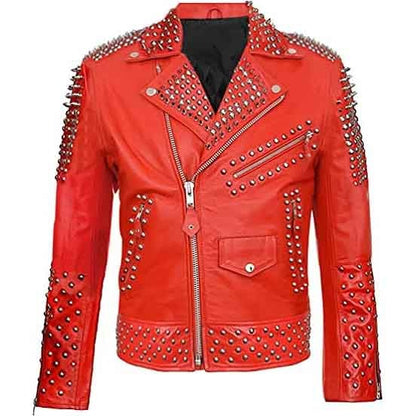Men’s Red Spiked Punk Leather Biker Jacket by Avanzar Leather