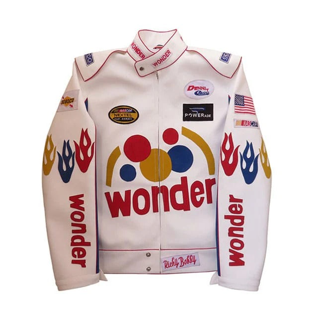 Ricky Bobby Wonder White Racing Leather Jacket - Avanzar Leather