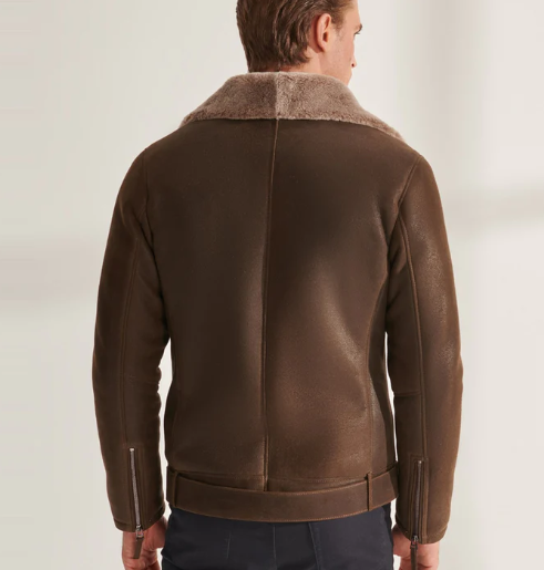 Men's Shearling Aviator Biker Leather Jacket in Dark Brown