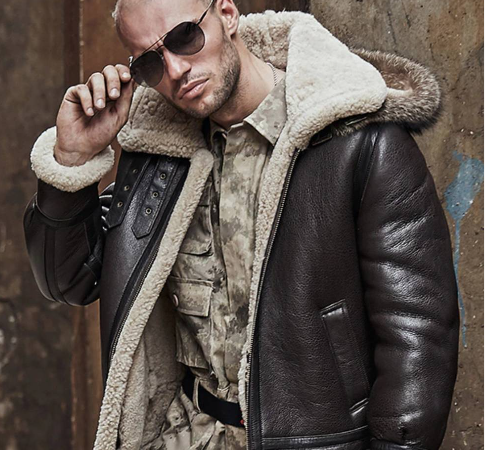 Men's Shearling Aviator Parka Leather Jacket in Dark Brown