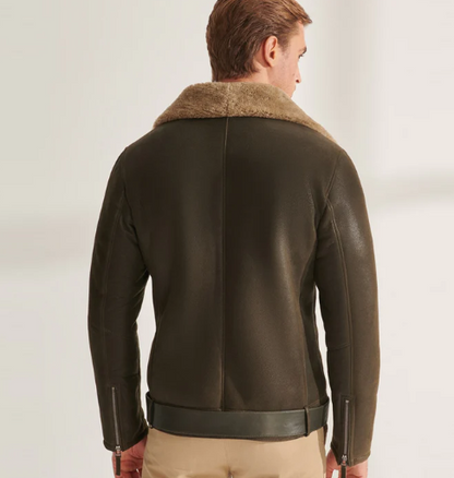 Men's Shearling Fur Biker Leather Jacket in Khaki