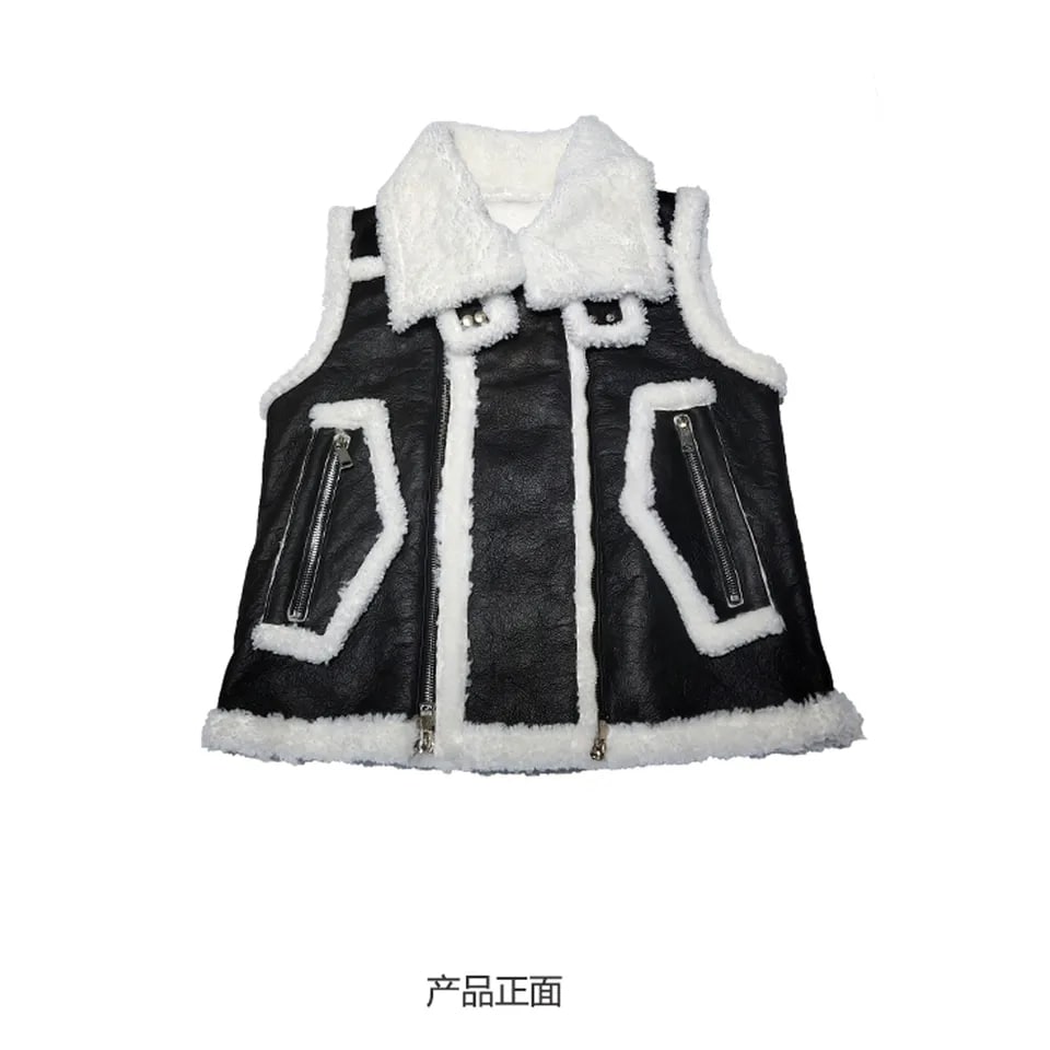 Men's Shearling Leather Vest In Black With Crackle Texture