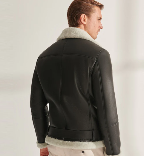 Men's Shearling Aviator Biker Leather Jacket in Black