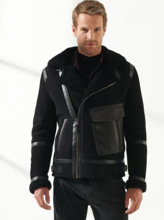 Men's Black Sheepskin Aviator Biker Leather Jacket