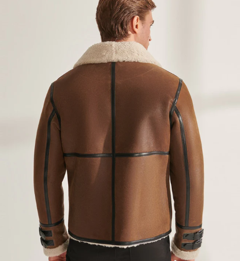 Men's Sheepskin Aviator Fur Leather Jacket in Brown