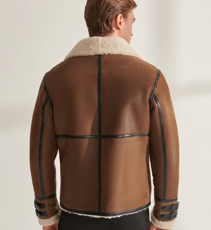 Men's Sheepskin Aviator Fur Leather Jacket in Brown