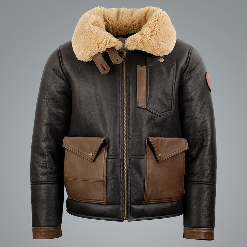 Men's Sheepskin Chocolate Black Bomber Jacket by Avanzar