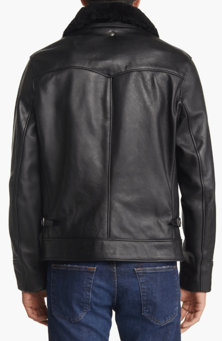 Men's Black Sheepskin Leather Jacket with Removable Shearling Collar