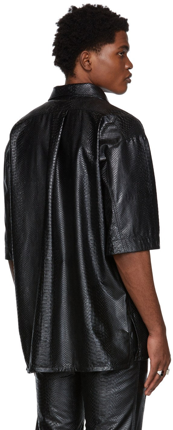 Men's Black Snake Print Leather Shirt